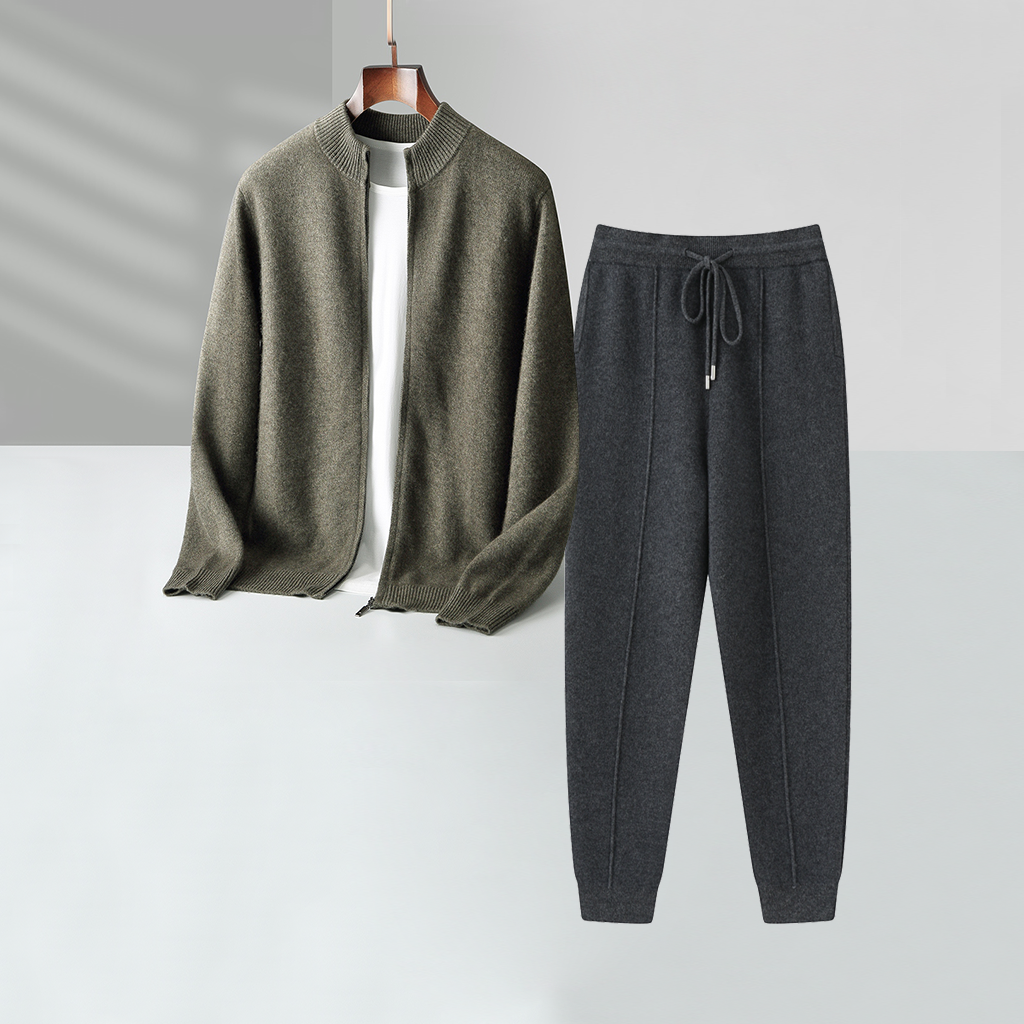 Men's Zip-up Mock Neck Cashmere Sweater and Jogger Pants Set | Casual Outfit REAL SILK LIFE