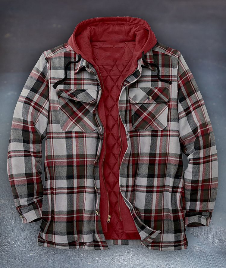 Men's thick cotton-padded jacket for autumn and winter, plaid long-sleeved loose-fitting hooded jacket