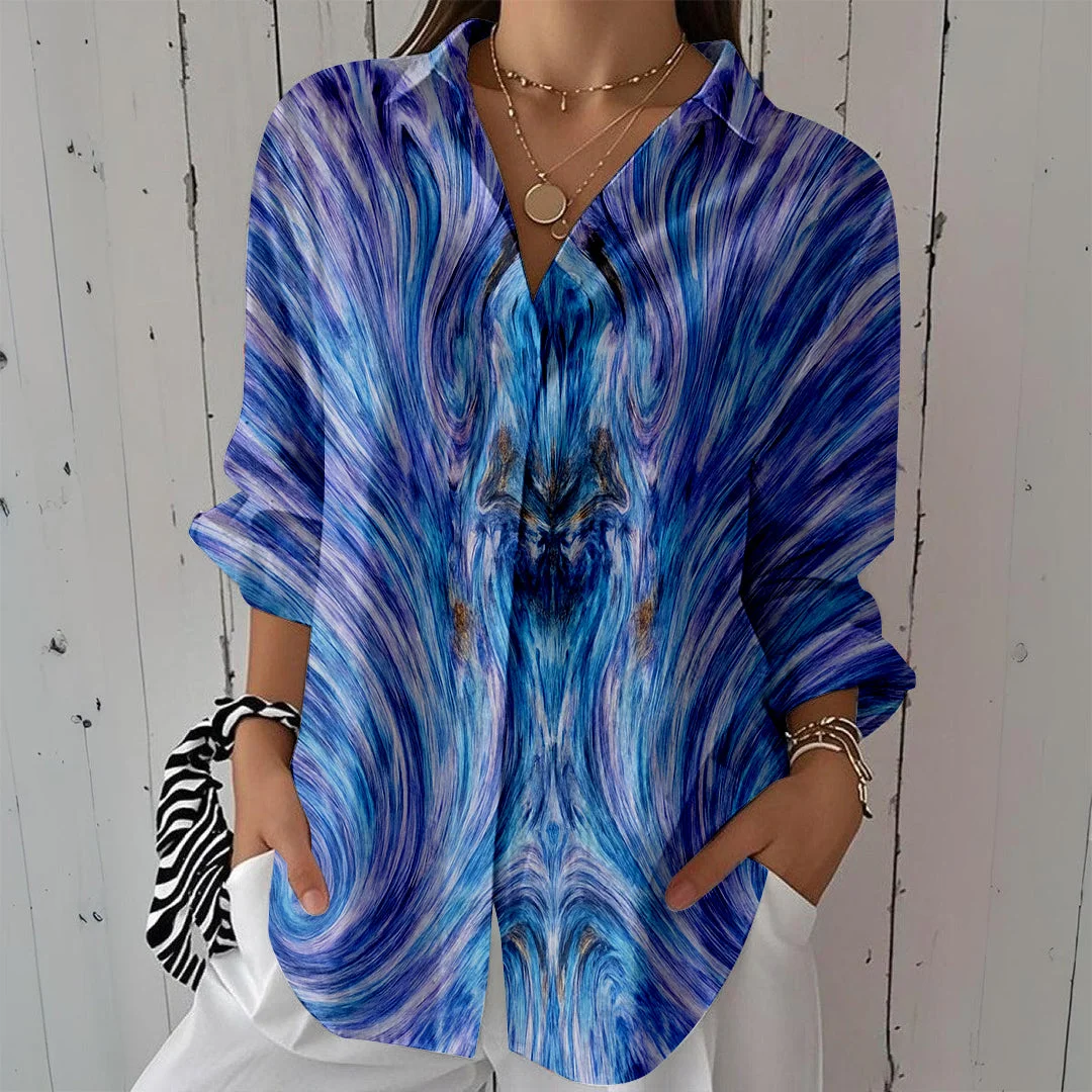 Style & Comfort for Mature Women Women Purple, Painterly, Bohemian DZCL0405 3/4 Sleeve Shirt Collar Printed Button Tops