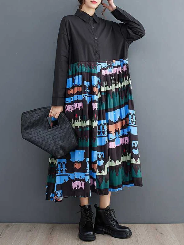 A-Line Long Sleeves Buttoned Pleated Printed Split-Joint Lapel Midi Dresses