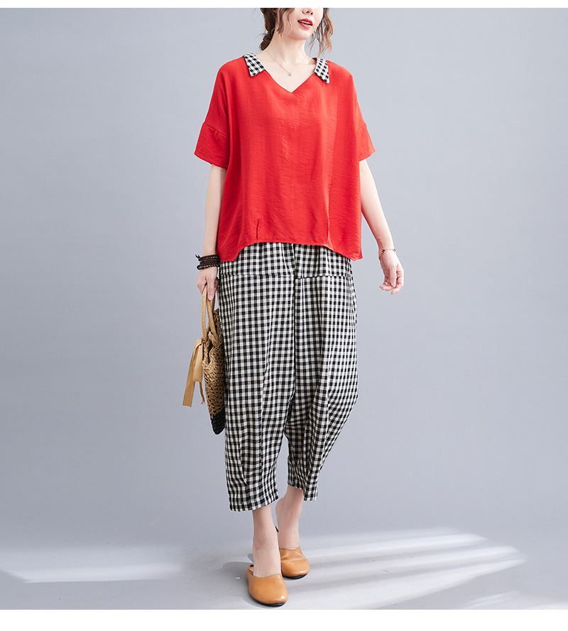 Loose Solid Color Short Sleeve T-Shirt Plaid Casual Pants Suit