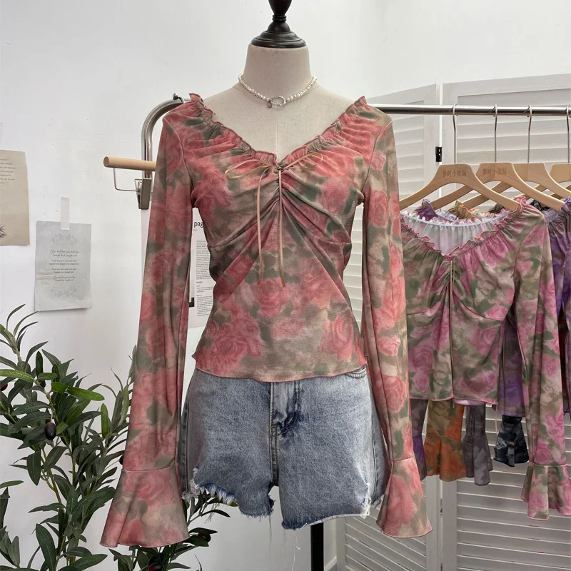 Zingj Vintage Print V-Neck Horn Sleeve Top Wooden Ear Lace With Short-Sleeved Long-Sleeved T-Shirt 9906