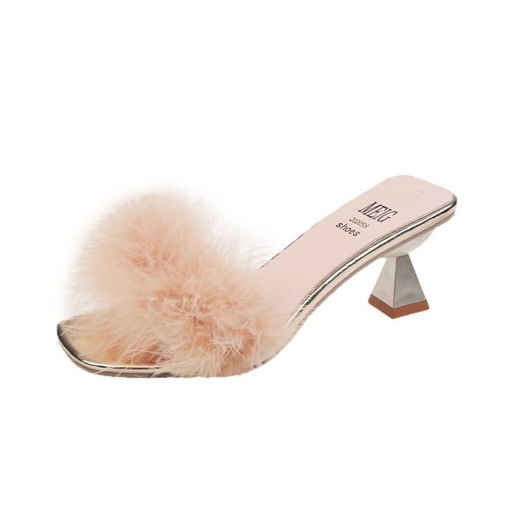 Yengm New Fur Sandals Women/Girls Designer Summer Furry Slippers Thick High Heels Transparent Sandals Flip-Flops Women