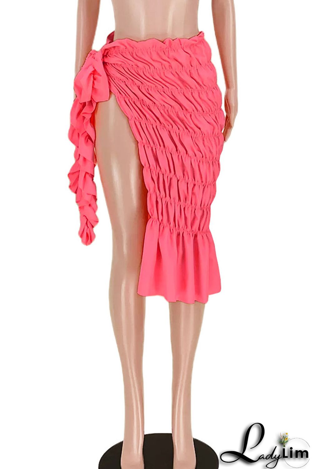 Fluorescent Pink Sexy Street Solid Split Joint Fold Mid Waist Straight Solid Color Bottoms