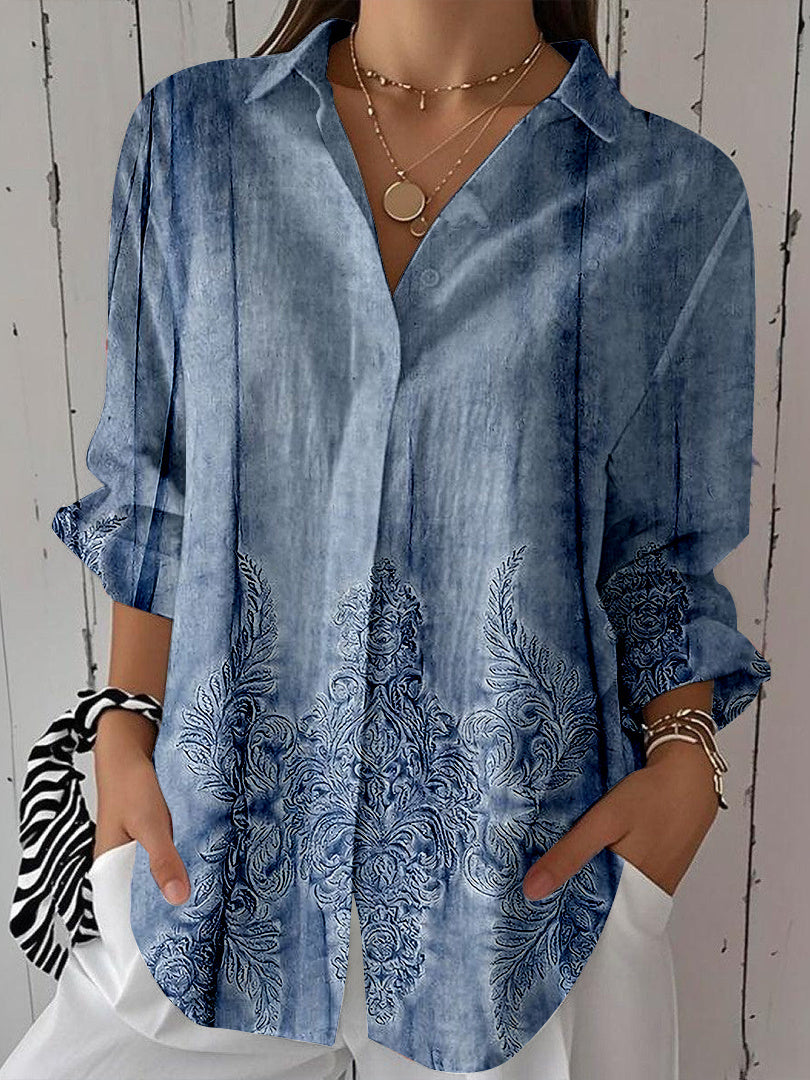 Women Long Sleeve V-neck Graphic Floral Printed Top
