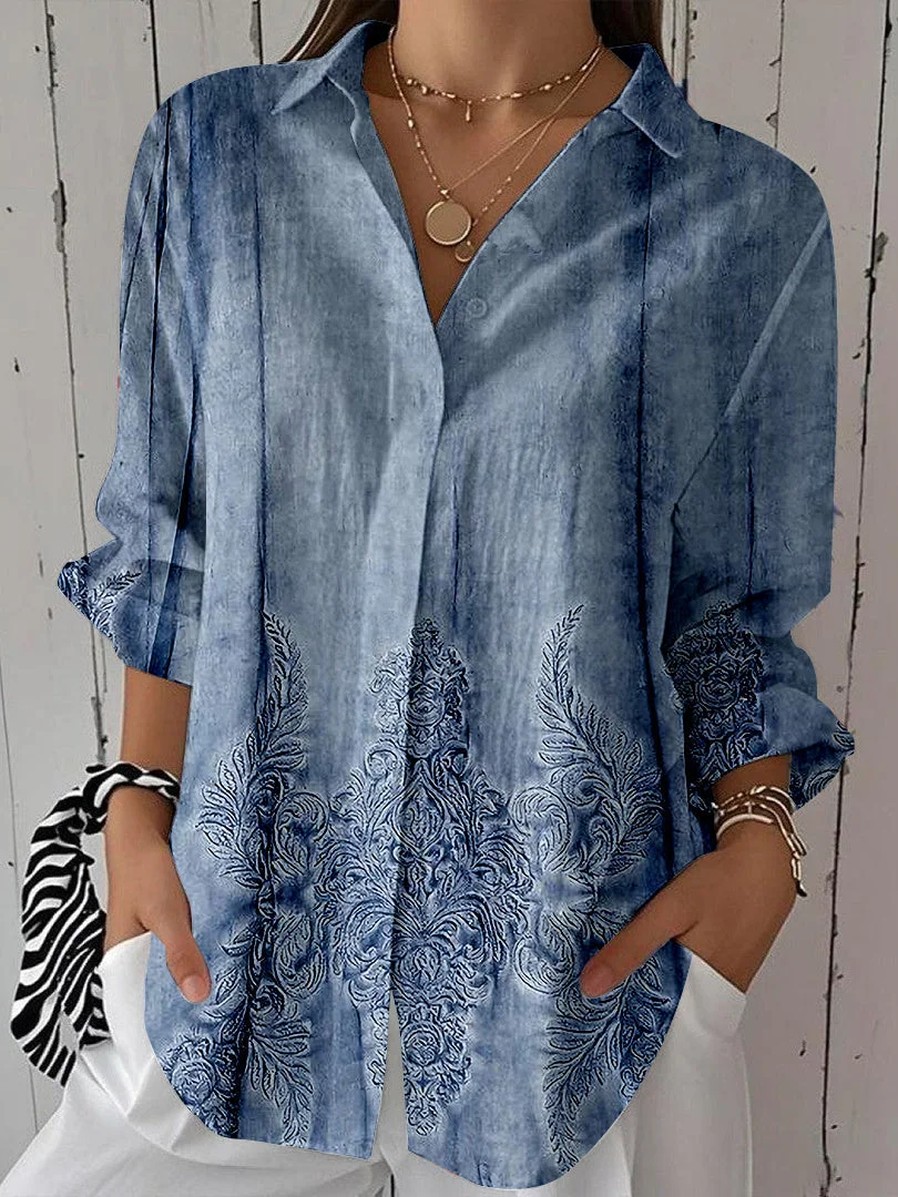 Women 3/4 Sleeve Shirt Collar Floral Printed Graphic Button Tops