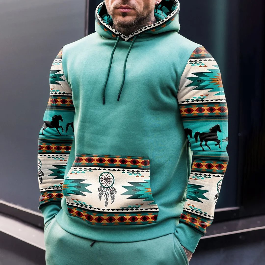 Casual Ethnic Print Color Matching Lake Blue Hoodie