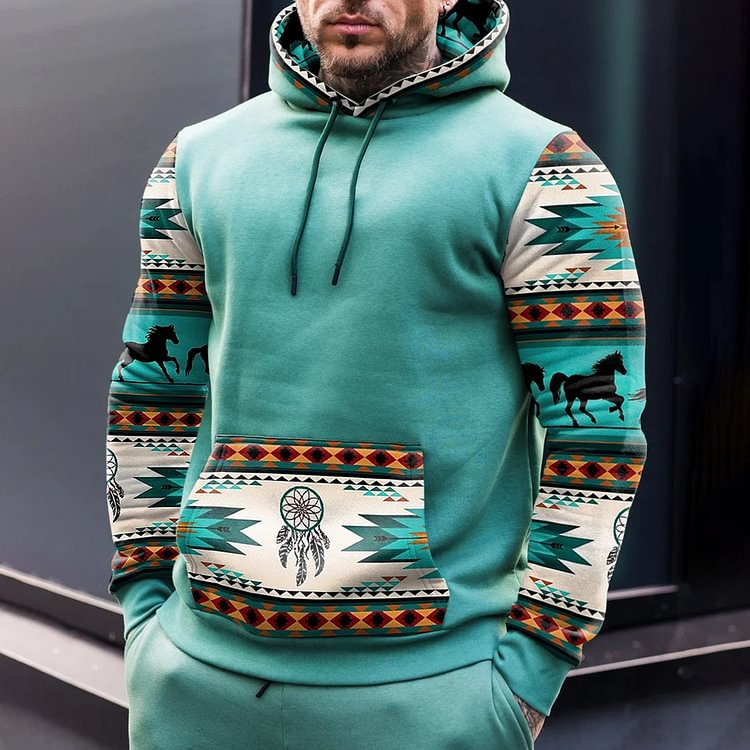 BrosWear Casual Ethnic Print Color Matching Lake Blue Hoodie