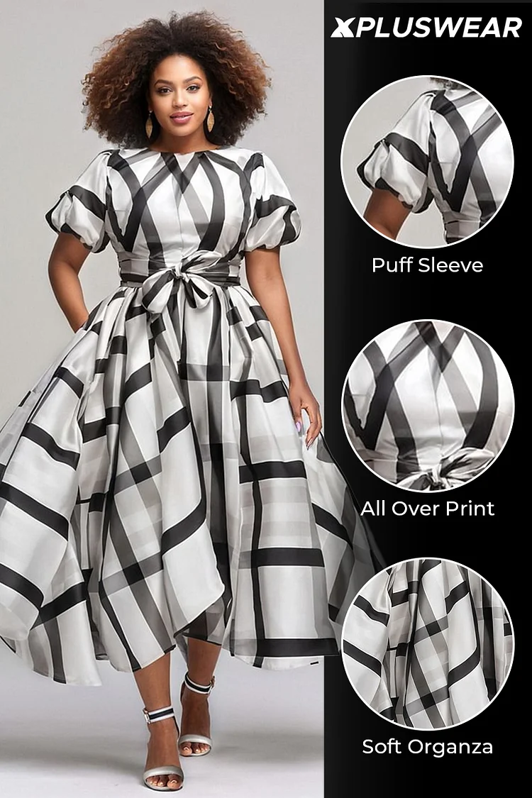 Xpluswear Design Plus Size Business Casual White All Over Print Round Neck Puff Sleeve Short Sleeve Pocket Elegant Asymmetric Hem Organza Midi Dresses