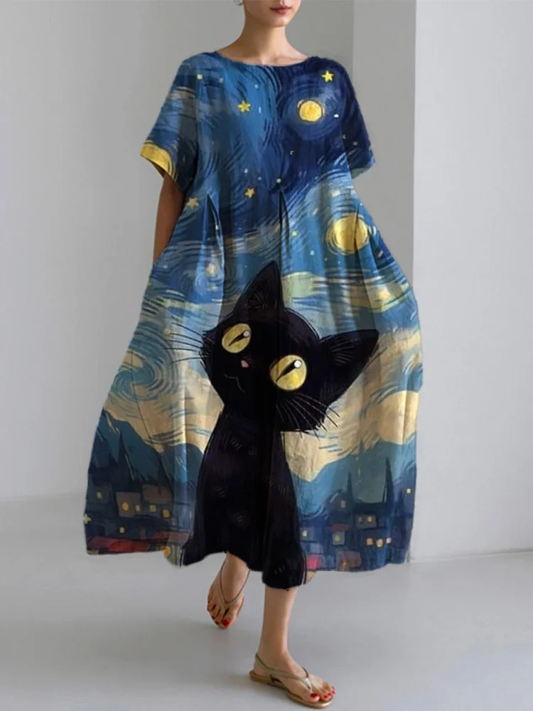 The Starry Night Cat Oil Painting Print Dress