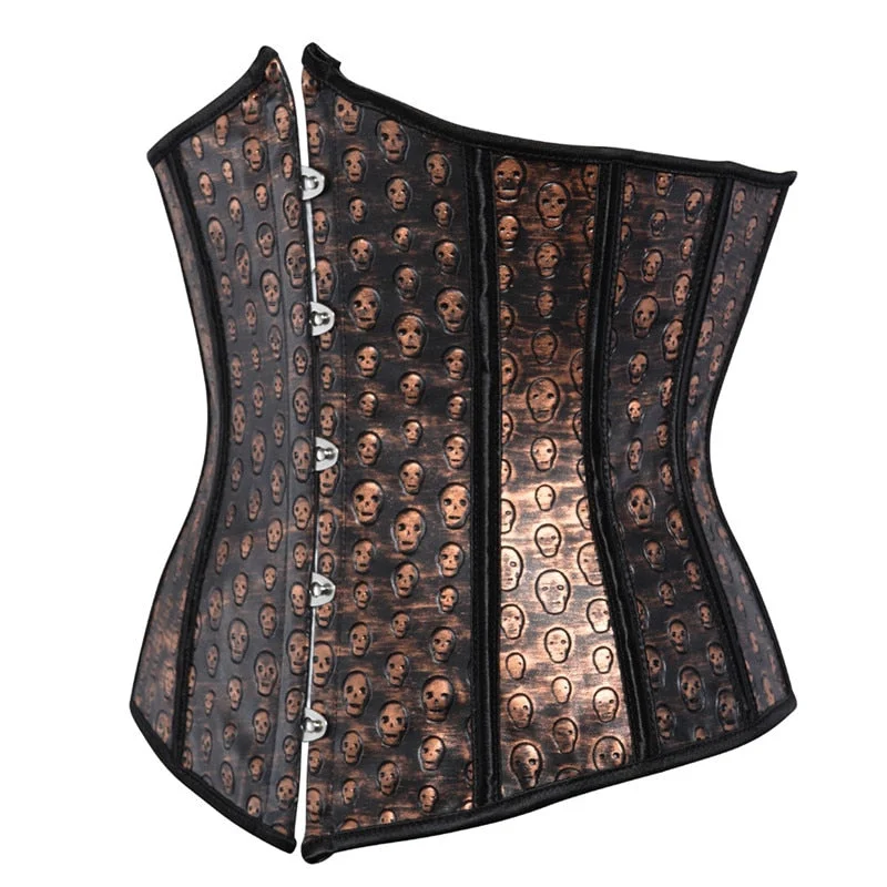 Sapubonva Faux Leather Corset Underbust Bustier Sexy Brown Overbust Corset with Skull Print Pirate Costume Dancer Top Plus Size