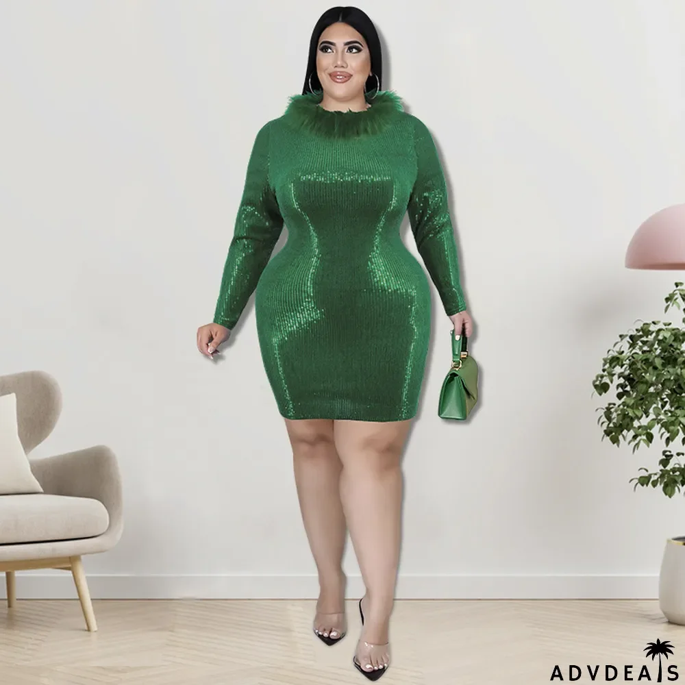 Plus Size Autumn Women's Fur Collar Velvet Bottom Embroidered Sequin Dress