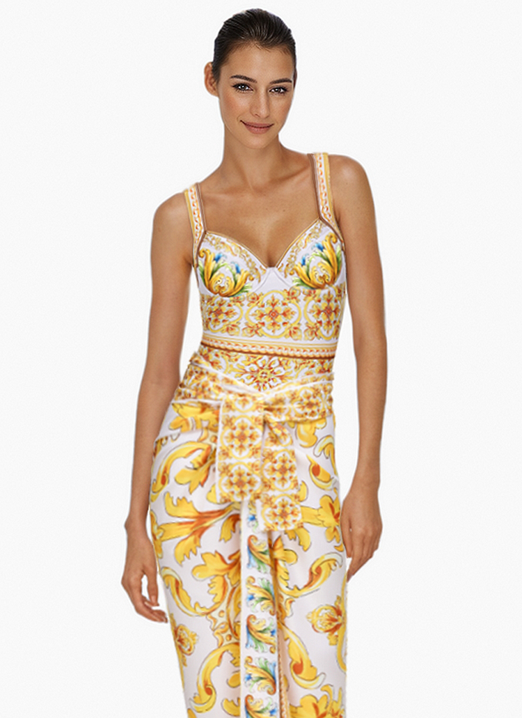 Sling Chest Support Golden Majolica Print One Piece Swimsuit and Sarong or Shorts