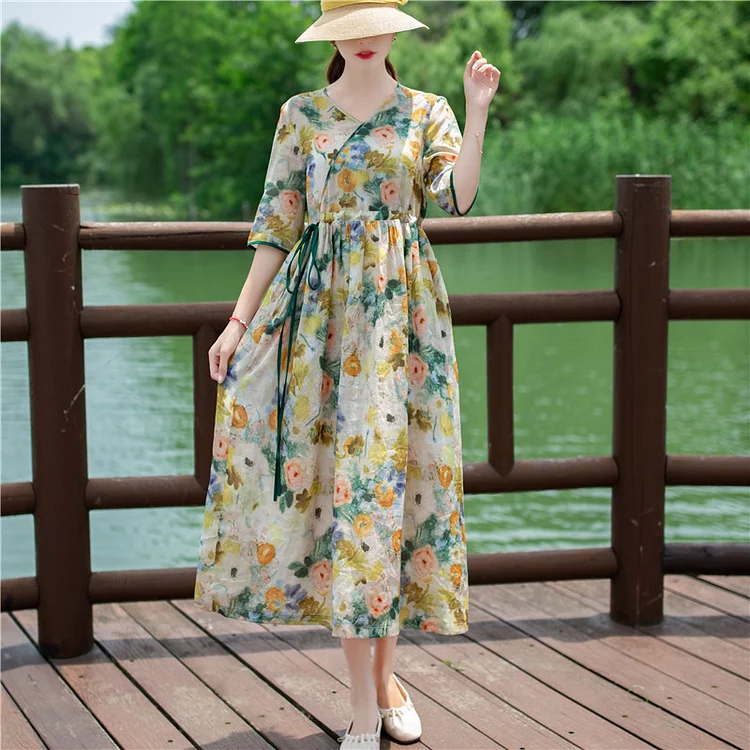 Casual Ramie Colorful Floral Drawstring Dress