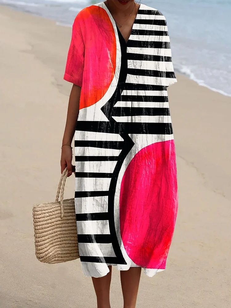 Women's Vintage Color Block Lines Stripes Abstract Art Print Flowy Dress