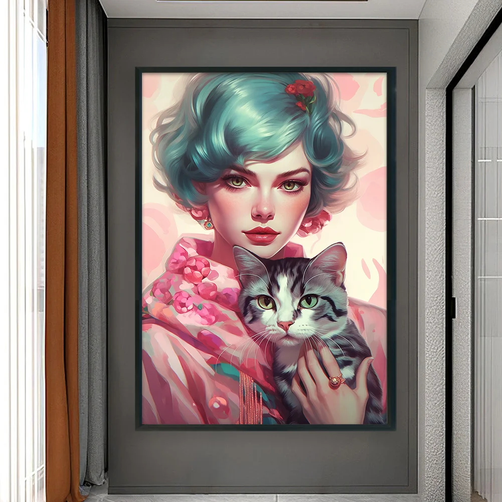11CT Full Stamped Cross Stitch - Short Hair Woman Cat(Canvas|40*60CM)