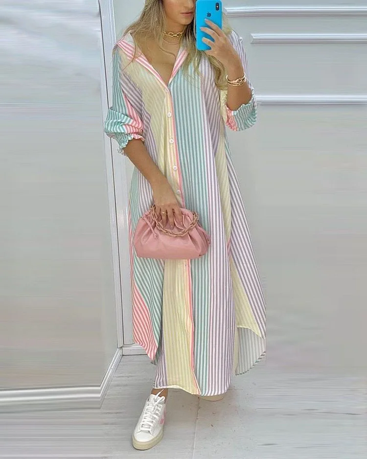 Striped Print Lapel Long Sleeve Dress