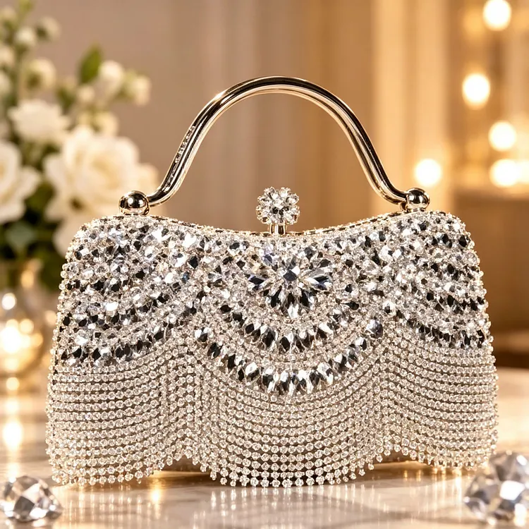 Luxury Crystal Rhinestone Evening Clutch Bag &ndash; Sparkling Jeweled Bridal Handbag with Metal Handle for Weddings, Parties & Special Occasions