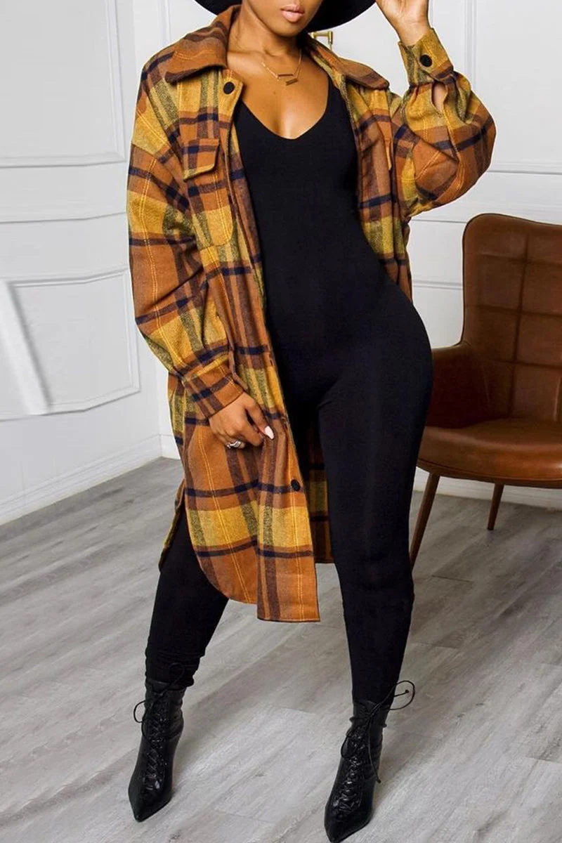 Fashion Casual Plaid Print Cardigan Turndown Collar Outerwear