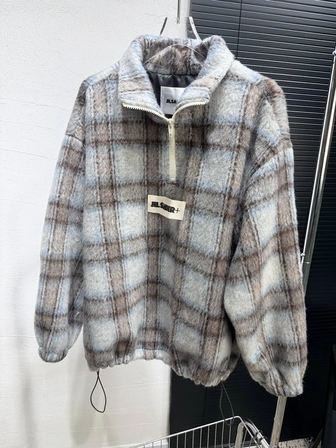 Jil sander jacket, plush wool blend, vintage plaid half zipper