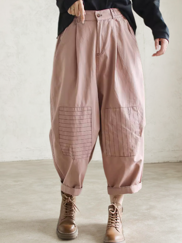 Retro Topstitching Design Cotton Elastic Waist Pant
