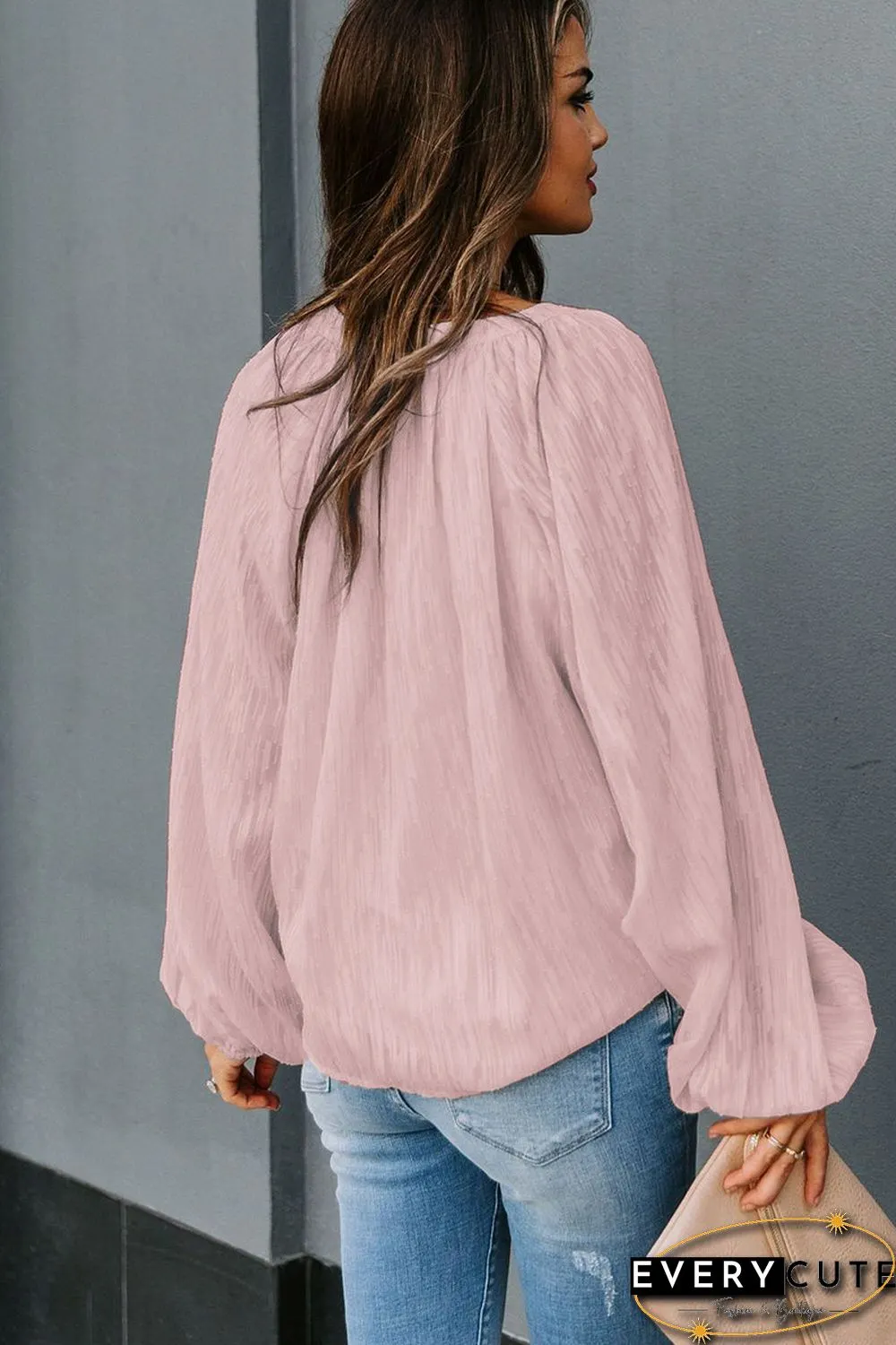 Pink V Neck Lantern Sleeve Textured Solid Top