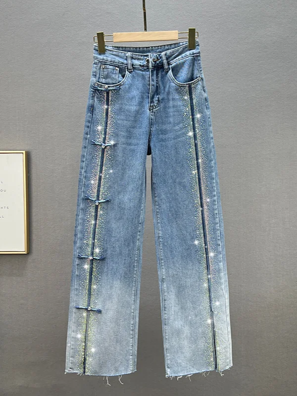 Women's Glam Rhinestones & Chinese Knot Accent High-Waisted Wide-Leg Jeans