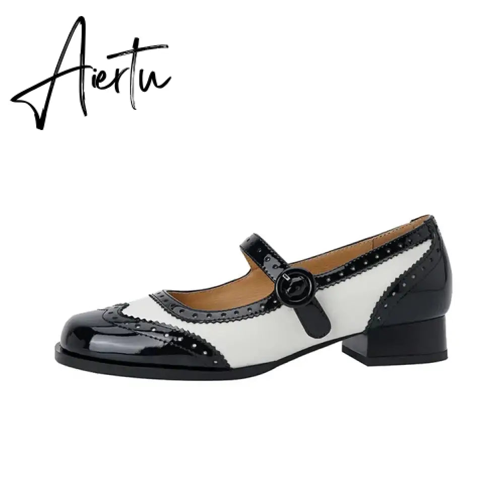 NEW Spring/Autumn Shoes Women Square Toe Chunky Heel Mary Janes Mixed Color Women Pumps Patent Leather Shoes Classics High Heels Aiertu