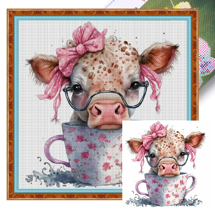 Cow In Teacup 11CT Stamped Cross Stitch 40*40CM