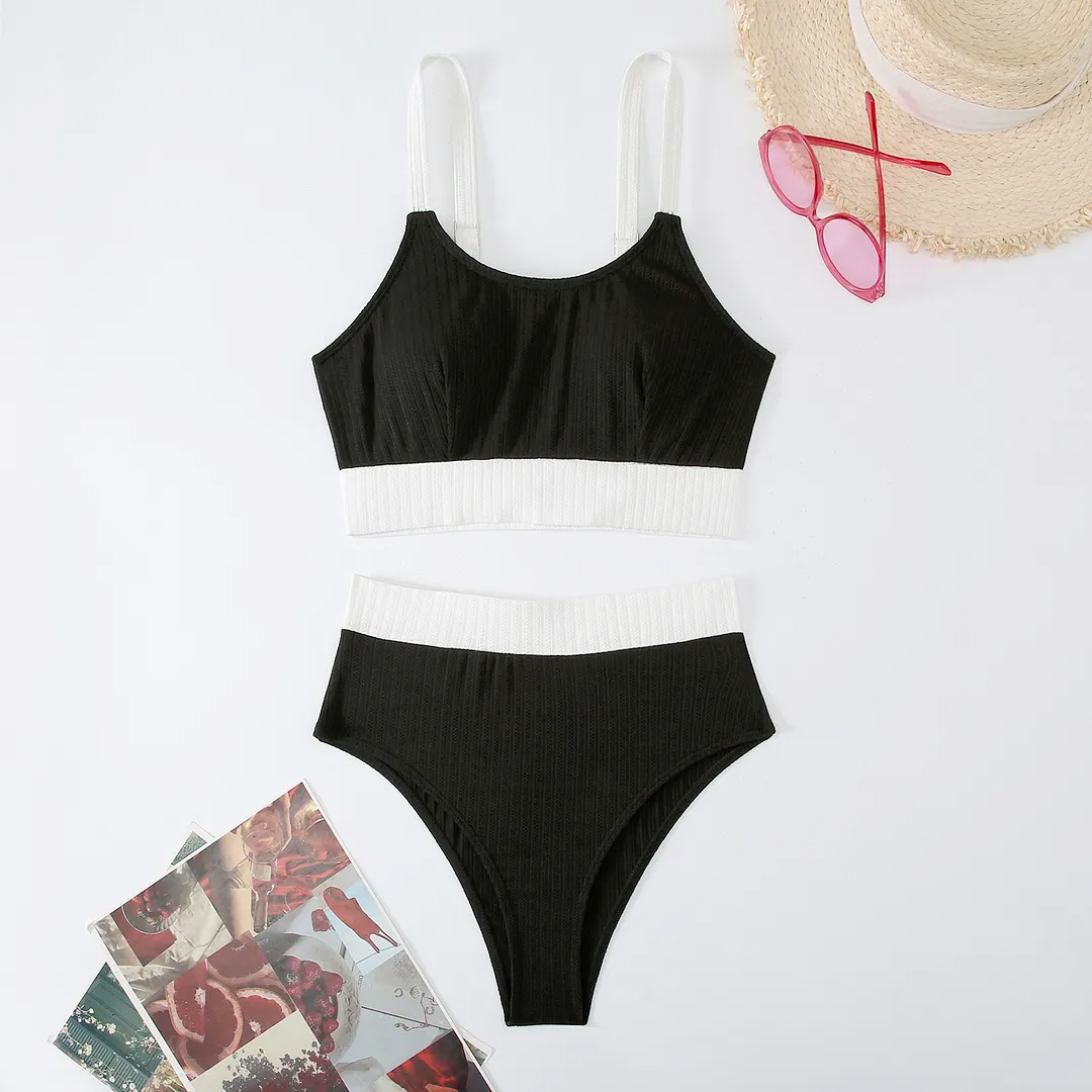 Brownm 2025 New Solid Color Sling Belt Split High-Rise Triangle Lady Sexy Hot Spring Bikini Swimsuit