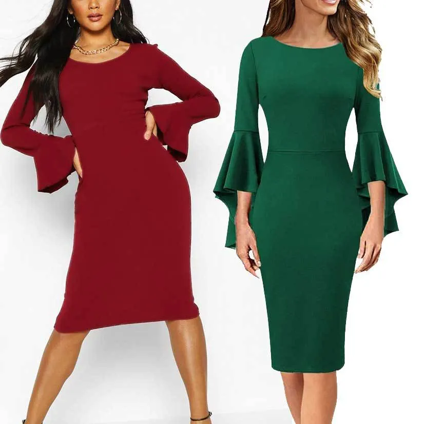Women's Round Neck Layered Flare Sleeve Formal Bodycon Midi Dress
