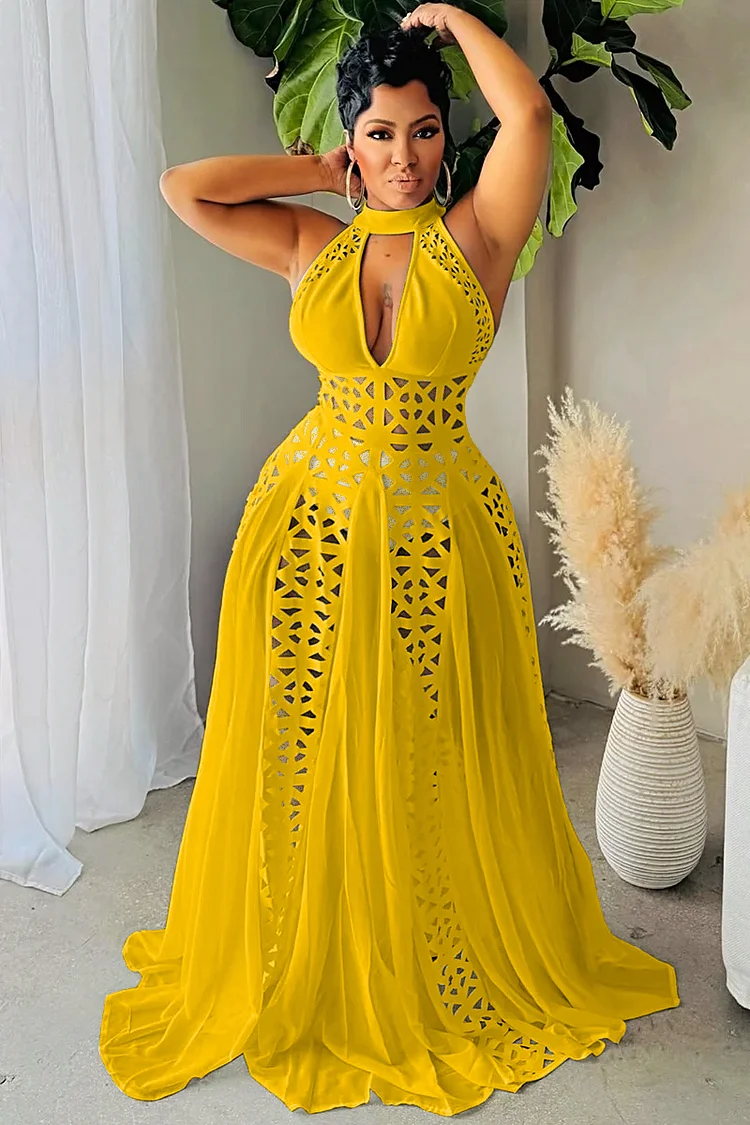 Halter Hollow Out Cinch Waist Evening Gown Maxi Dresses-White Halter Hollow Out Cinch Waist Evening Gown Maxi Dresses-White