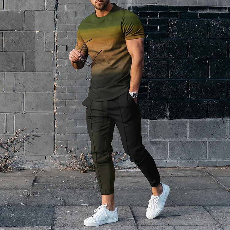 BrosWear Men's Gradient Casual Short Sleeve T-Shirt And Pants Co-Ord