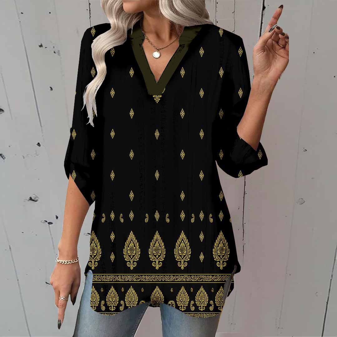 Women Retro,Black,Gold DZGA0309 3/4 Sleeve V-neck Printed Graphic Button Tops