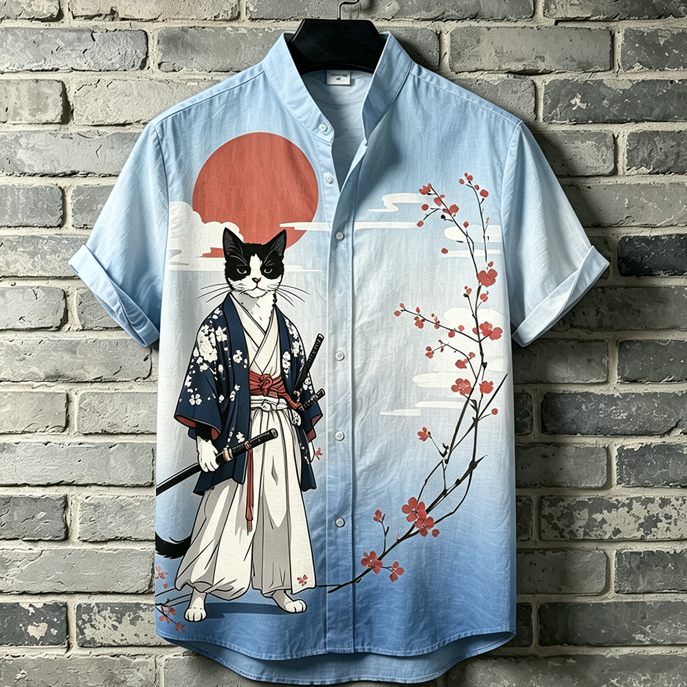 Men's Japanese-style Kimono Cardigan With Samurai Cat And Cherry Blossom Graphic Print  artssus