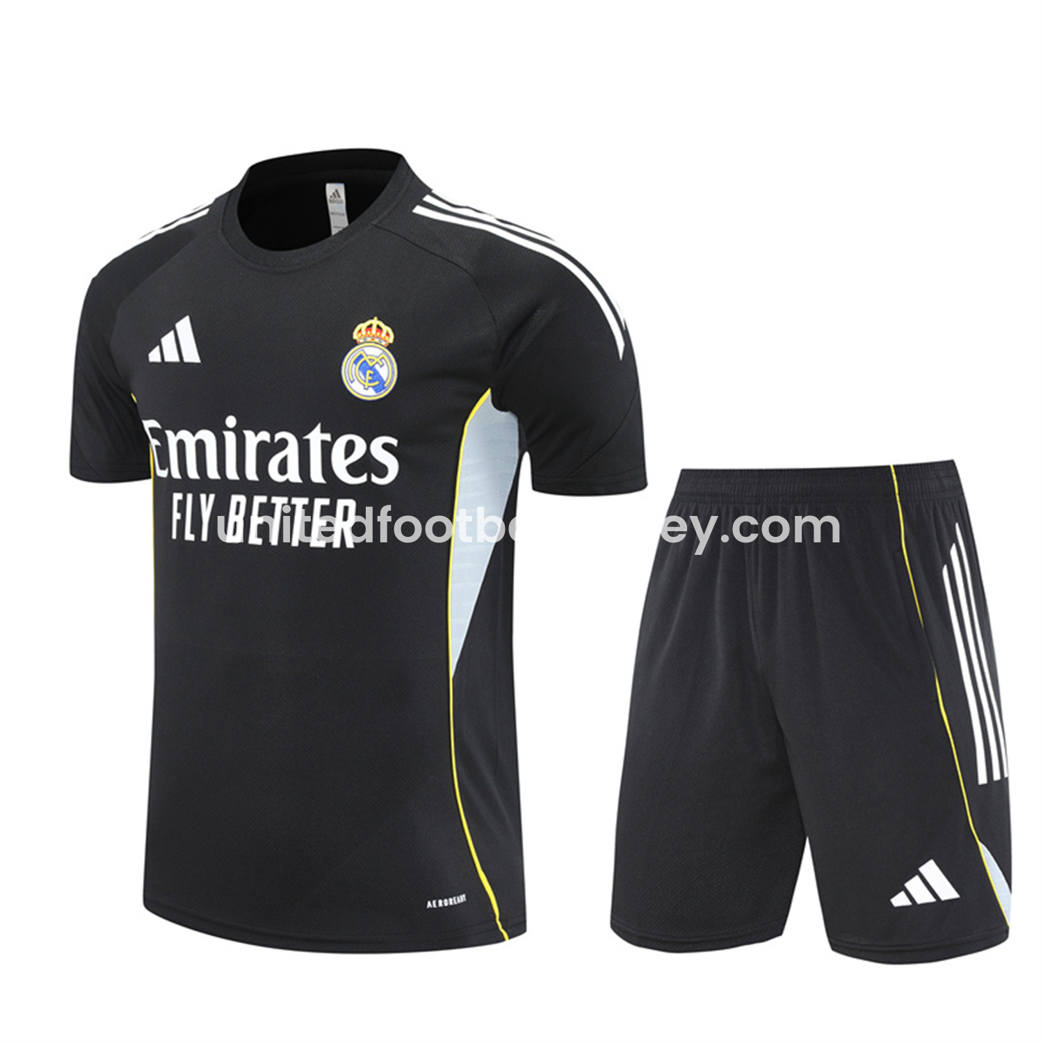 Real Madrid 25-26 Kids Short-Sleeve Training Set - Yellow Line Black Top and Black Shorts