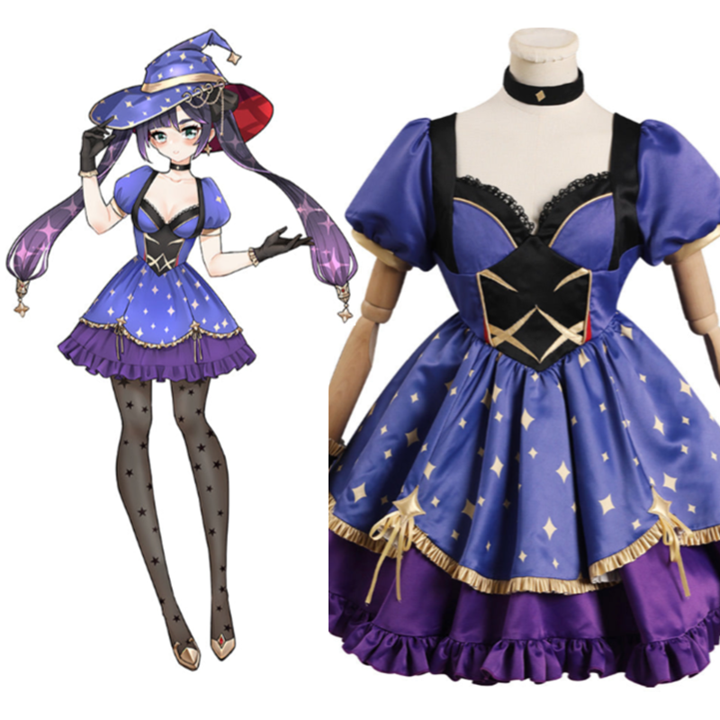 Genshin Impact Mona Cosplay Costume Witch Lolita Dress Hat Outfits Halloween Carnival Suit-Coshduk