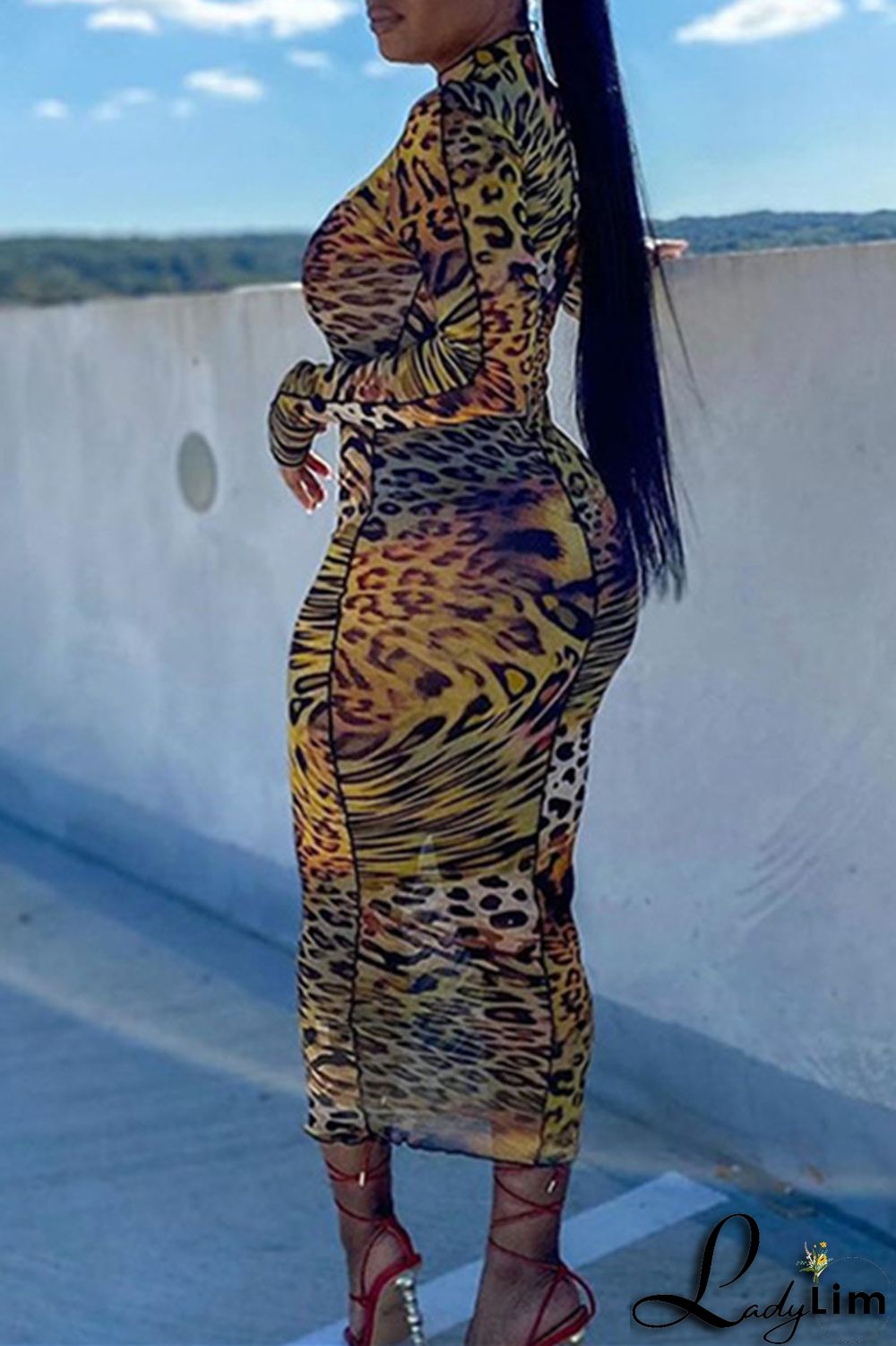 Leopard Print Fashion Casual Print Basic Turtleneck Long Sleeve Dresses