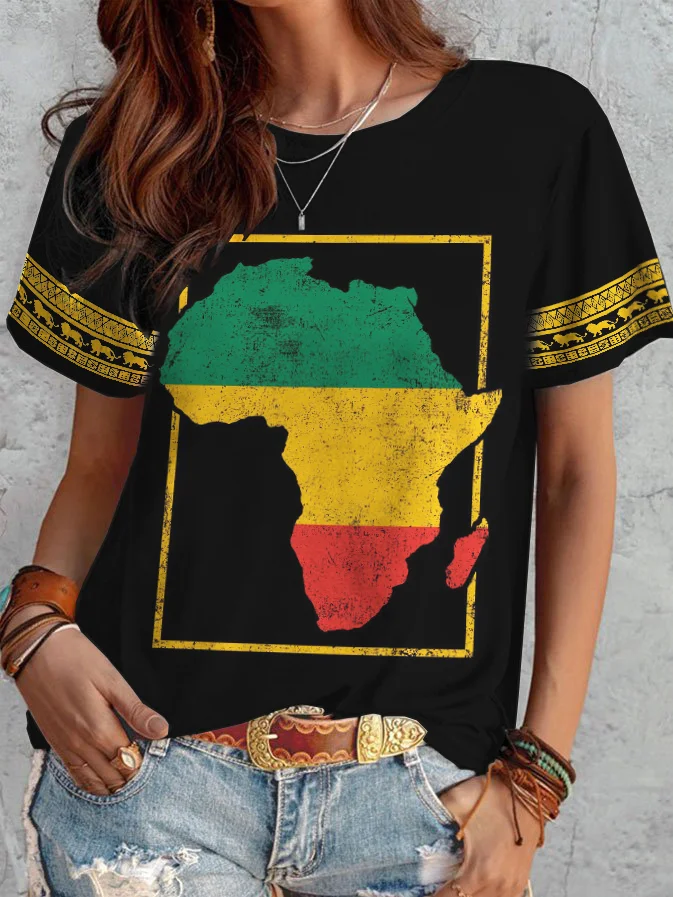 Rasta Africa Map Graphic Round Neck Comfy T Shirt