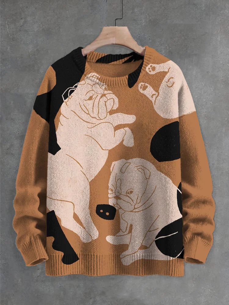 Men's Bulldog Funny Art Print Knit Sweatshirt
