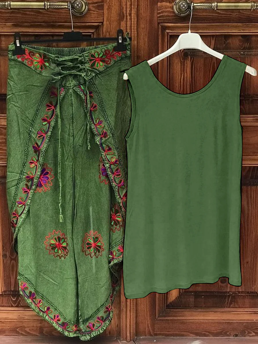 Flower Embroidery Retro Women Casual Two-piece Set
