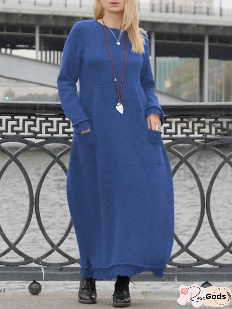 Gray Crew Neck Cotton Casual Knitting Dress