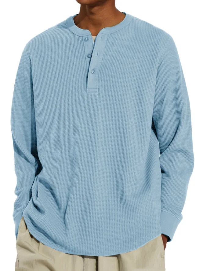 Men's Fashion Casual Waffle Fabric Long-sleeved Henley Shirt