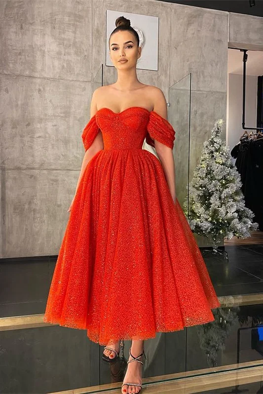 Modern Off-the-Shoulder Red Sequins Prom Dress Tea-Length - lulusllly