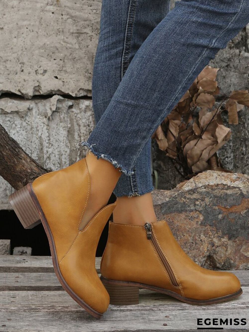 Retro Distressed Polished Color Zipper Thick Heel Pointed Ankle Boots | EGEMISS