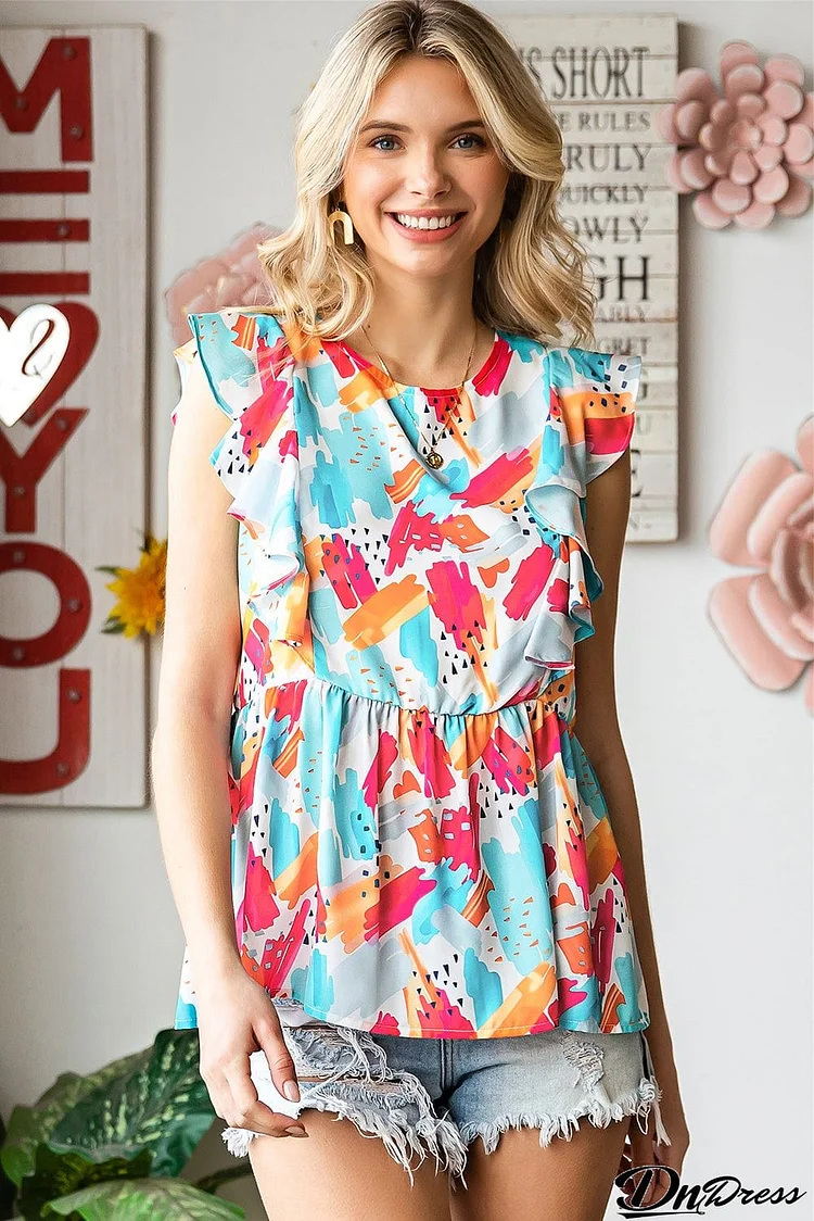 Printed Round Neck Ruffled Peplum Top