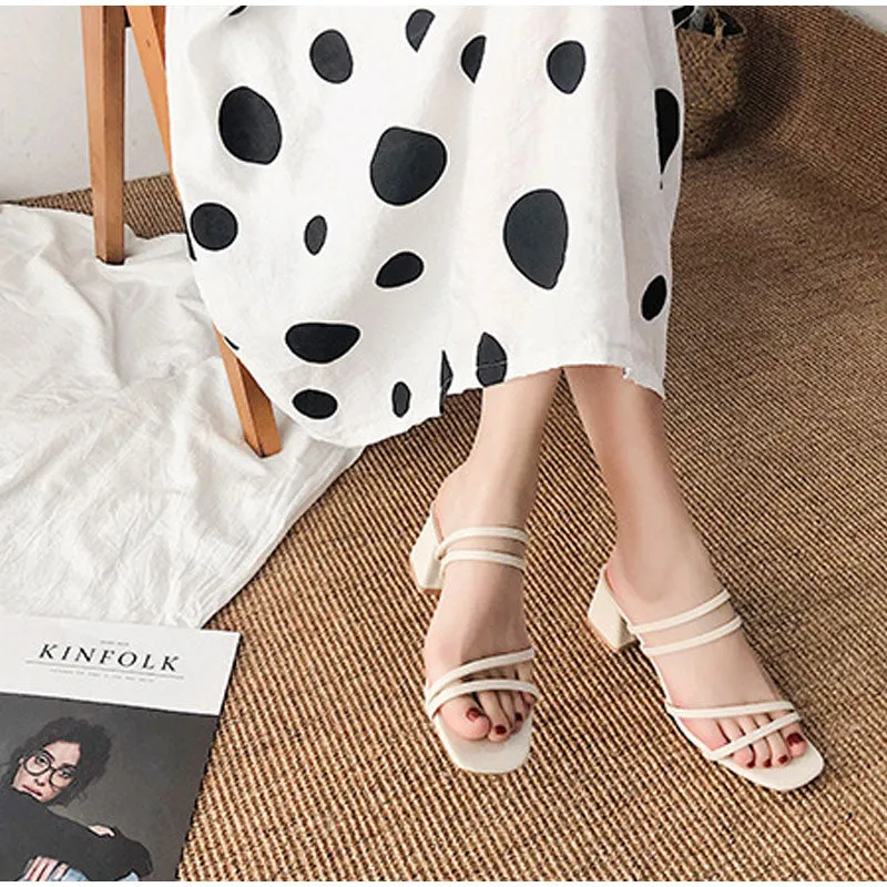 Women Sandals Ladies Square Heels Elegant Summer Slippers Outside Cross Tied Leather Female Slides 2022 Fashion Woman Sandals