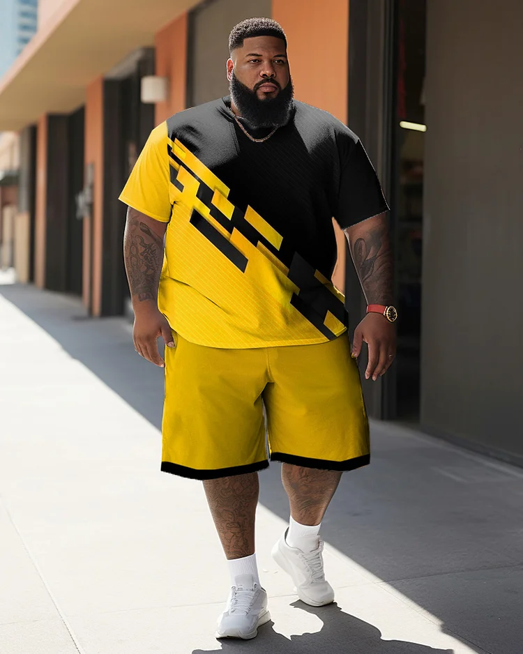 Men's Large Size Street Cartoon Color Block Yellow And Black Color Matching Graffiti Short-Sleeved Shorts Suit