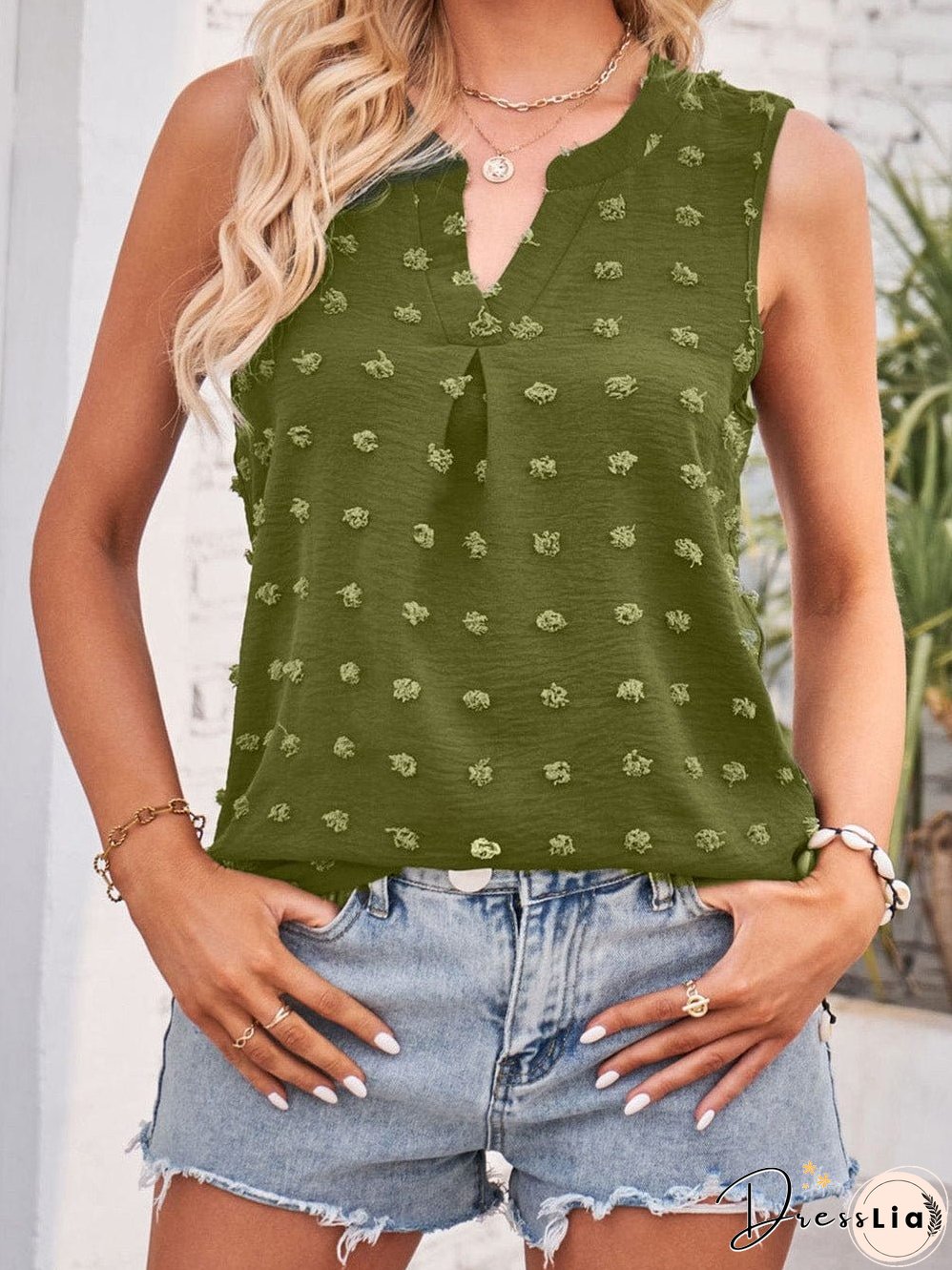 Pom V Neck Solid Color Sleeveless Mini Dress