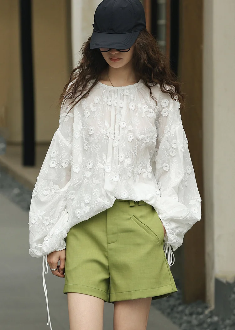 French White Embroidered Lace Up Patchwork Cotton Shirt Top Lantern Sleeve